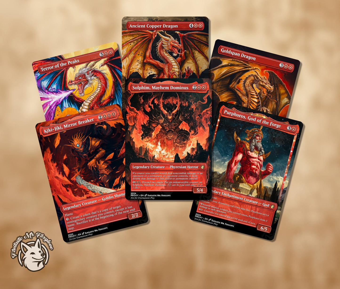6+ Iconic Red Creatures | Proxy Cards — Ancient Copper Dragon, Terror of the Peaks, Goldspan Dragon, Solphim, Purphoros, Kiki-Jiki