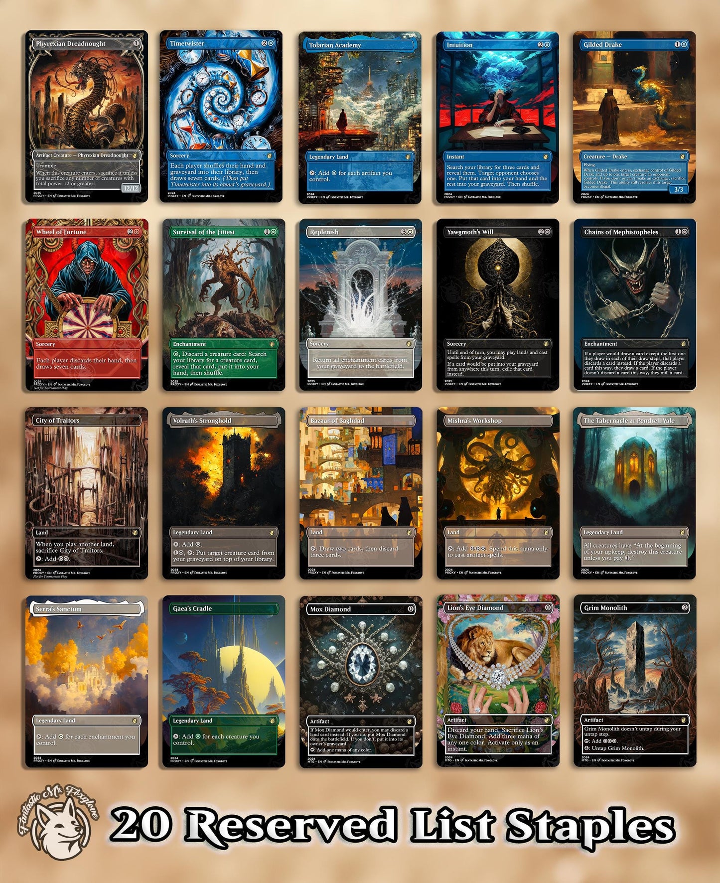 20 Reserved List Staples | Proxy Cards — Mox Diamond, Wheel, Workshop, Gaea's Cradle, Tabernacle, Monolith, Lion's Eye, Survival, etc!