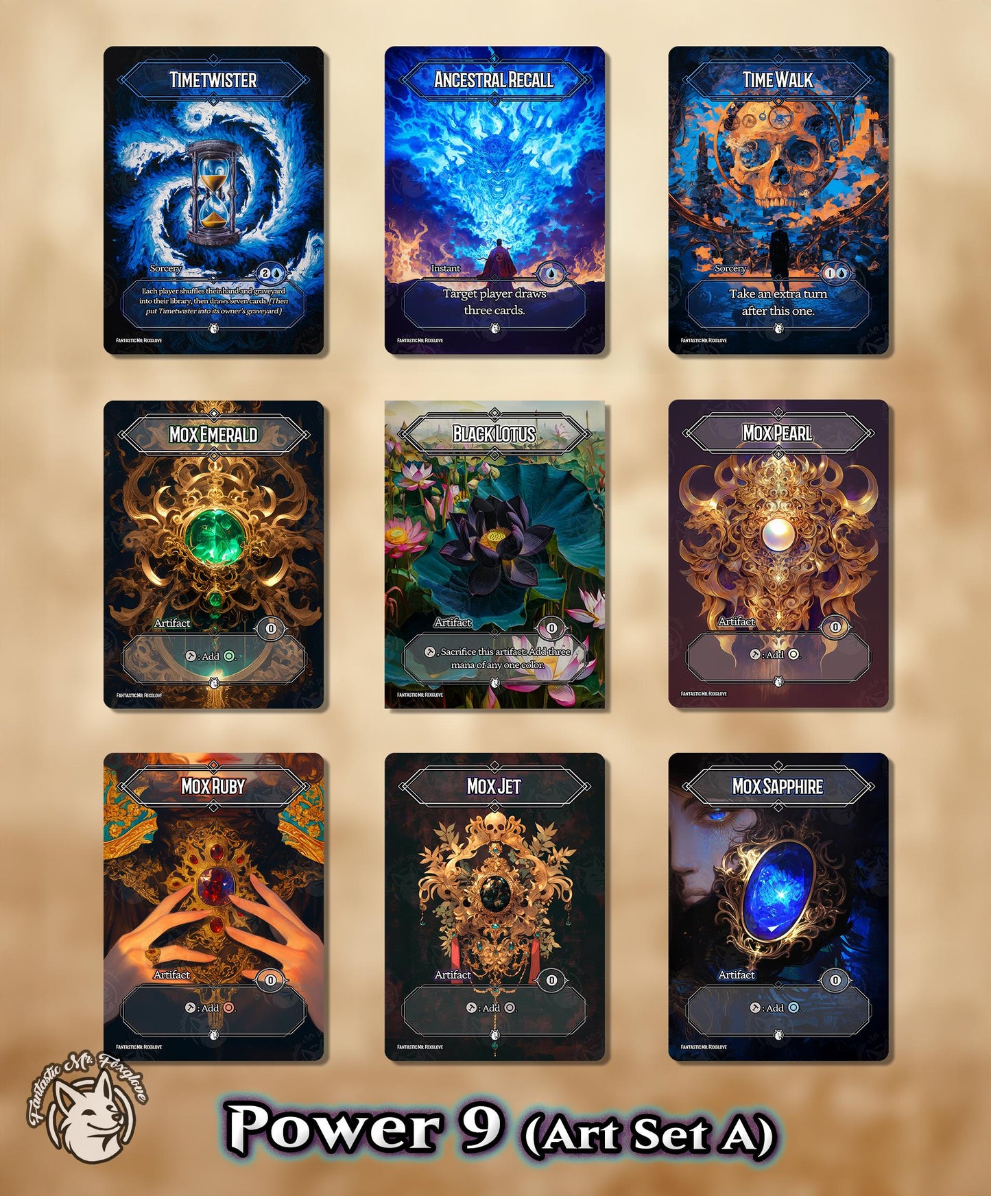 Power 9 | Proxy Cards for Vintage & Cube — Black Lotus, Time Walk, Ancestral Recall, Timetwister, Mox Ruby, Jet, Pearl, Emerald, Sapphire