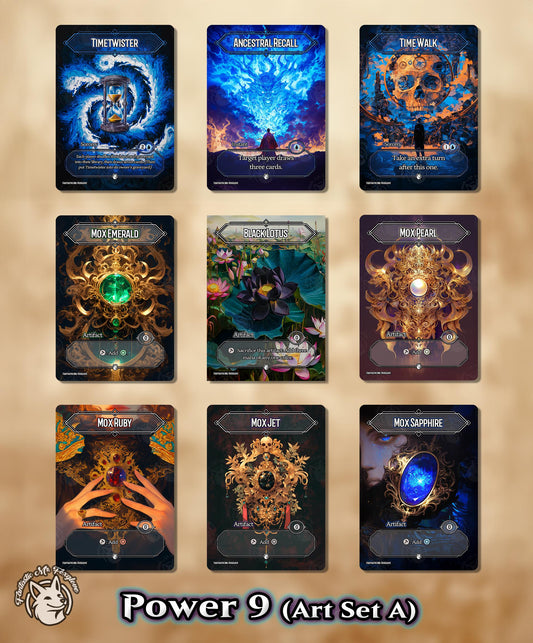 Power 9 | Proxy Cards for Vintage & Cube — Black Lotus, Time Walk, Ancestral Recall, Timetwister, Mox Ruby, Jet, Pearl, Emerald, Sapphire