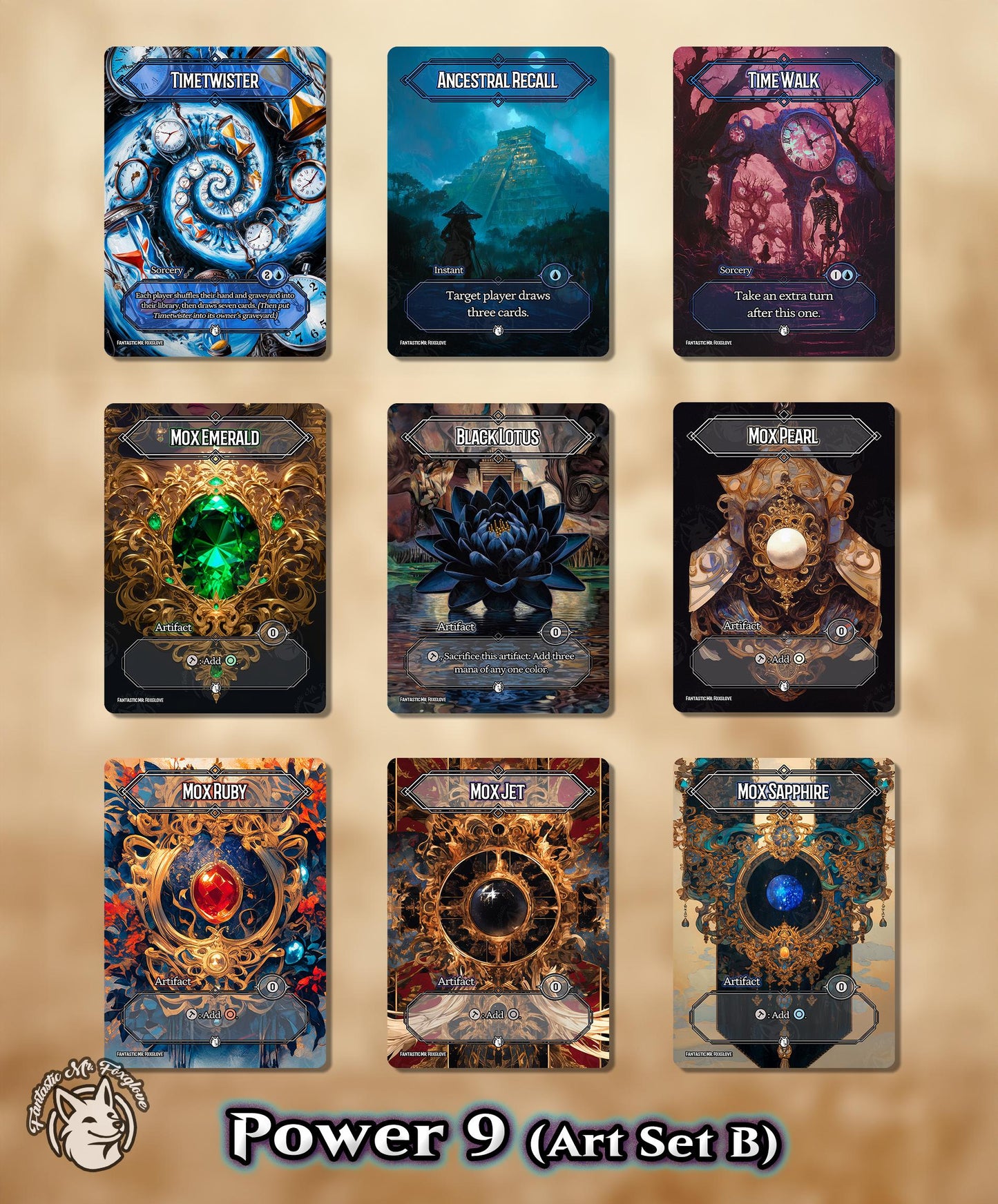 Power 9 | Proxy Cards for Vintage & Cube — Black Lotus, Time Walk, Ancestral Recall, Timetwister, Mox Ruby, Jet, Pearl, Emerald, Sapphire