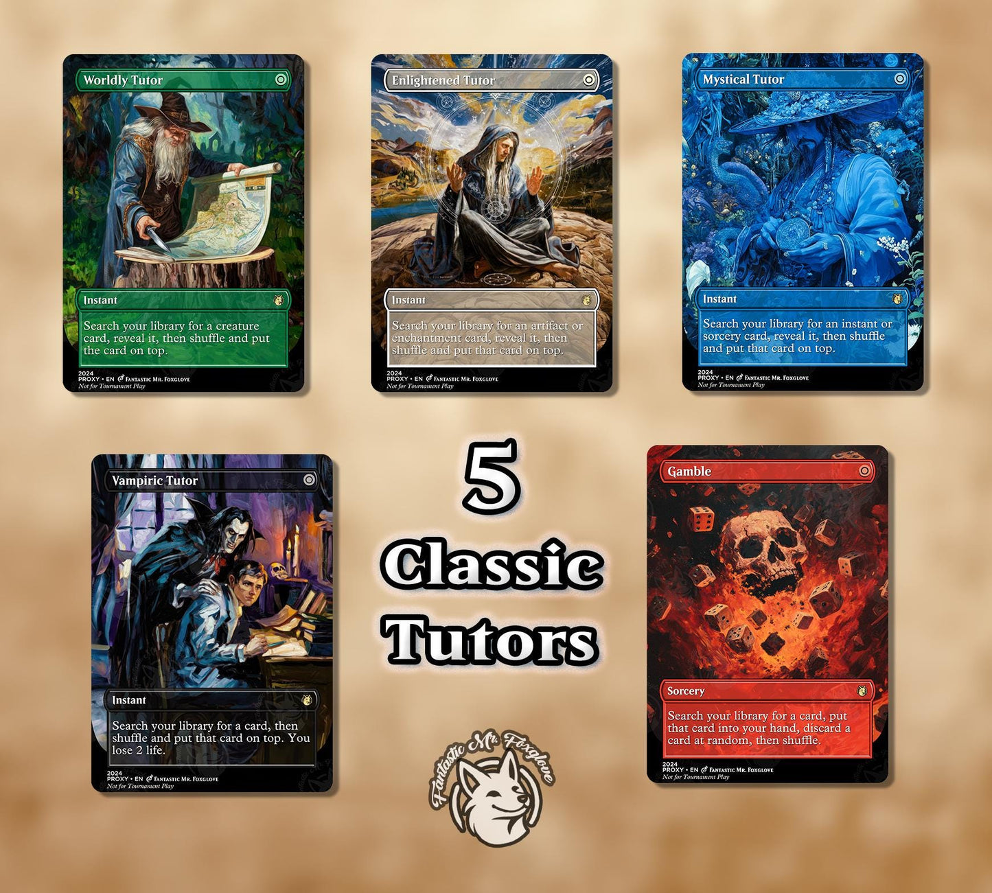 5 Classic Tutors | Proxy Cards — Vampiric, Enlightened, Worldly, Mystical Tutor, Gamble — Mirage Tutors