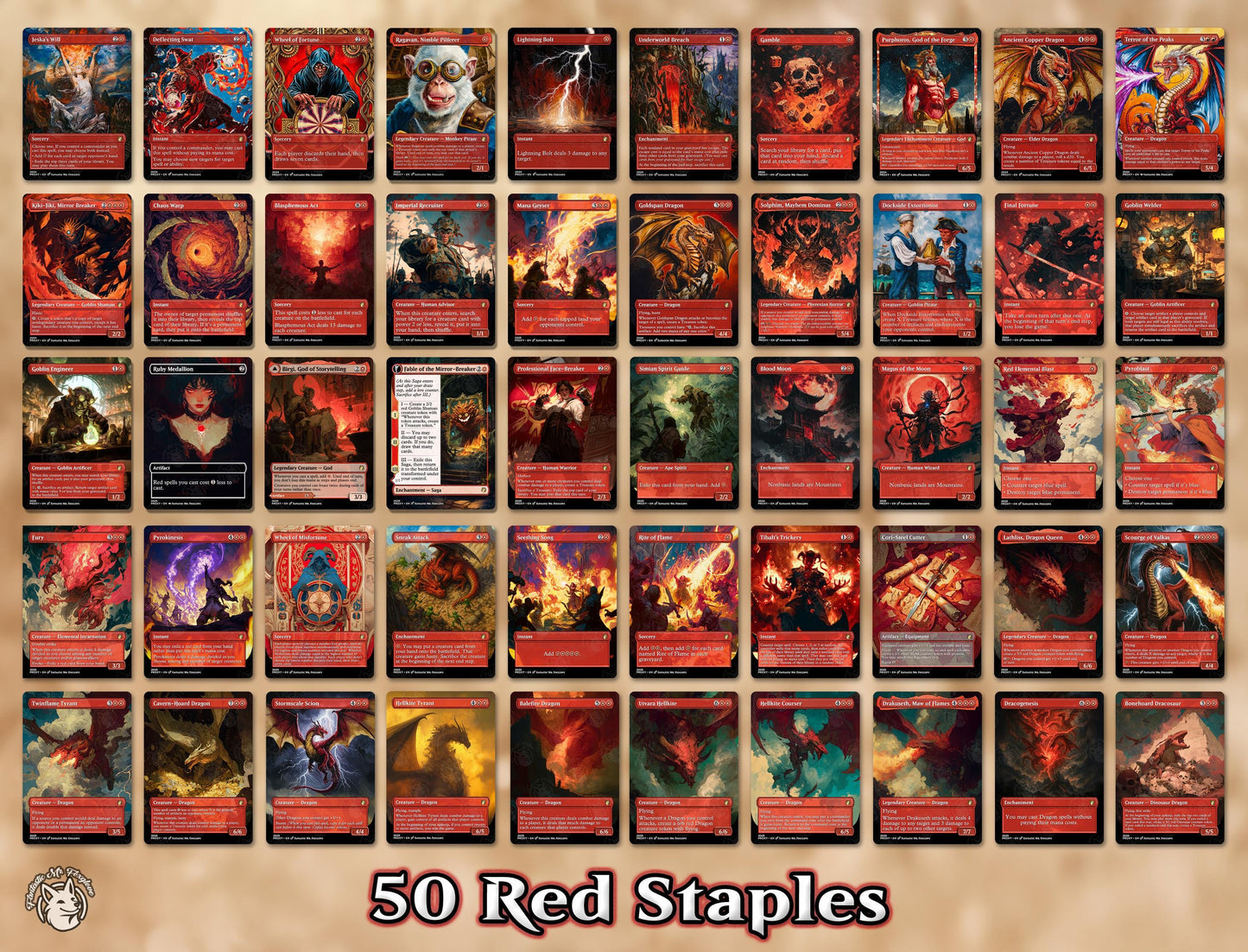7+ Red Staples | Proxies—50 Cards Available! Wheel of Fortune, Deflecting Swat, Jeska's, Ragavan, Bolt, Gamble, Kiki, Anc. Copper Dragon etc