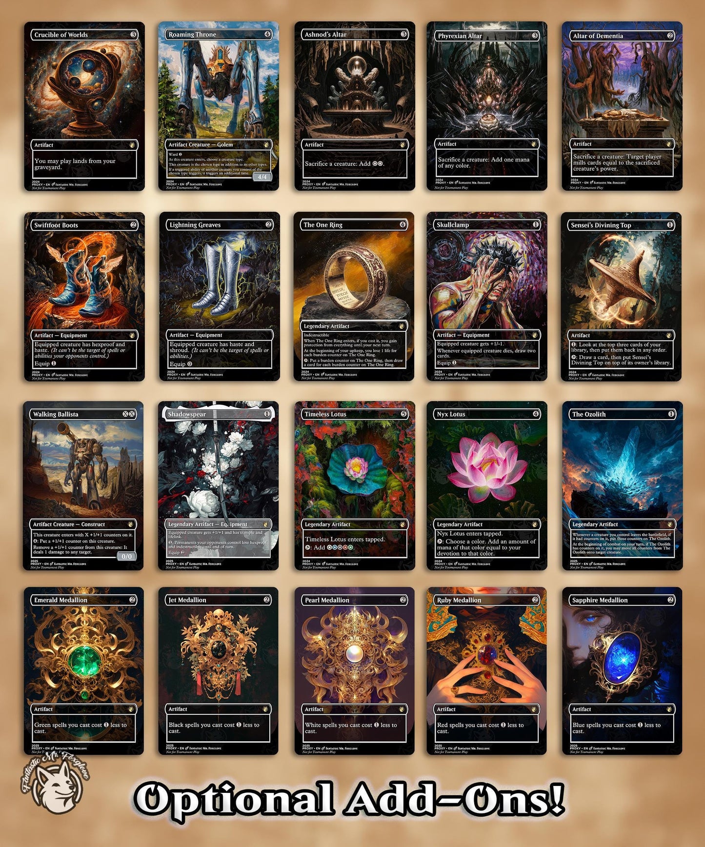 15 Artifact Staples — Mana Rocks | Proxy Cards With Sol Ring, Mana Crypt, Jeweled Lotus, Arcane Signet, Vault, Chrome Mox, Diamond, Opal Etc