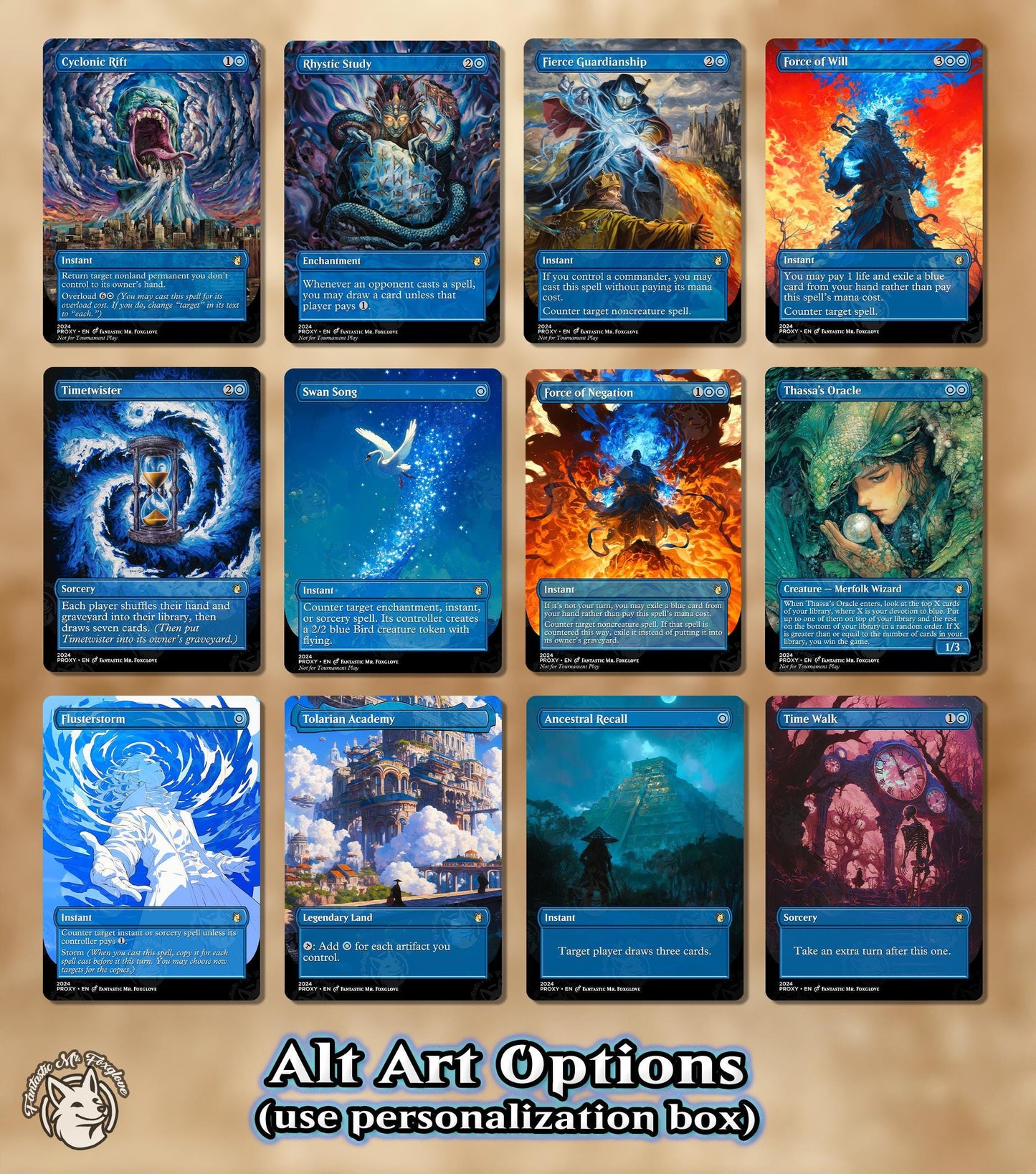7+ Blue Staples | Proxies — Up to 36 Cards! Rhystic Study, Cyclonic Rift, Mana Drain, Force of Will, Fierce, Remora, Oracle, Mystical Tutor