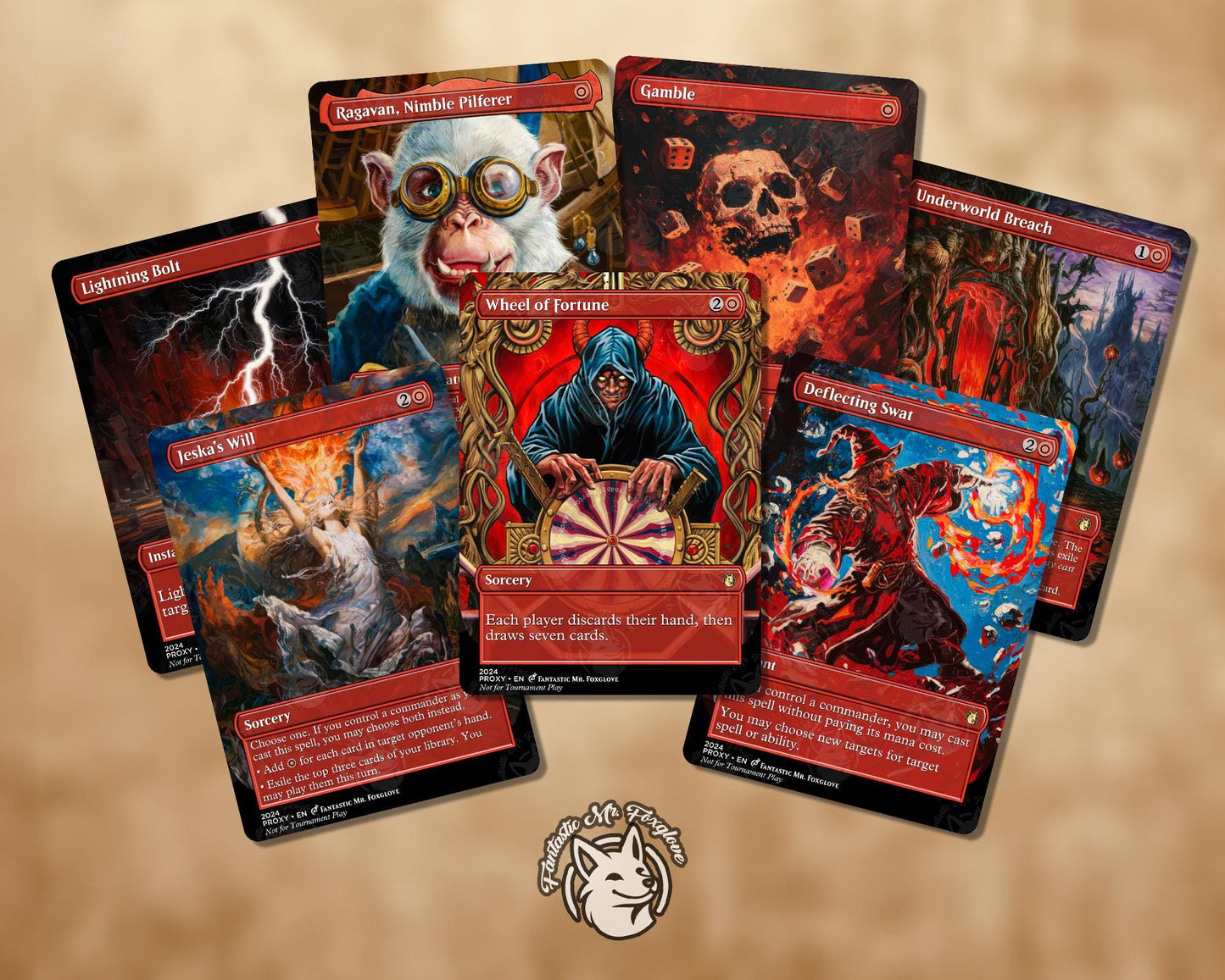 7+ Red Staples | Proxies—50 Cards Available! Wheel of Fortune, Deflecting Swat, Jeska's, Ragavan, Bolt, Gamble, Kiki, Anc. Copper Dragon etc