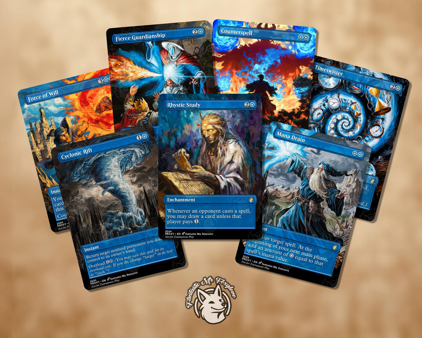 7+ Blue Staples | Proxies — Up to 36 Cards! Rhystic Study, Cyclonic Rift, Mana Drain, Force of Will, Fierce, Remora, Oracle, Mystical Tutor