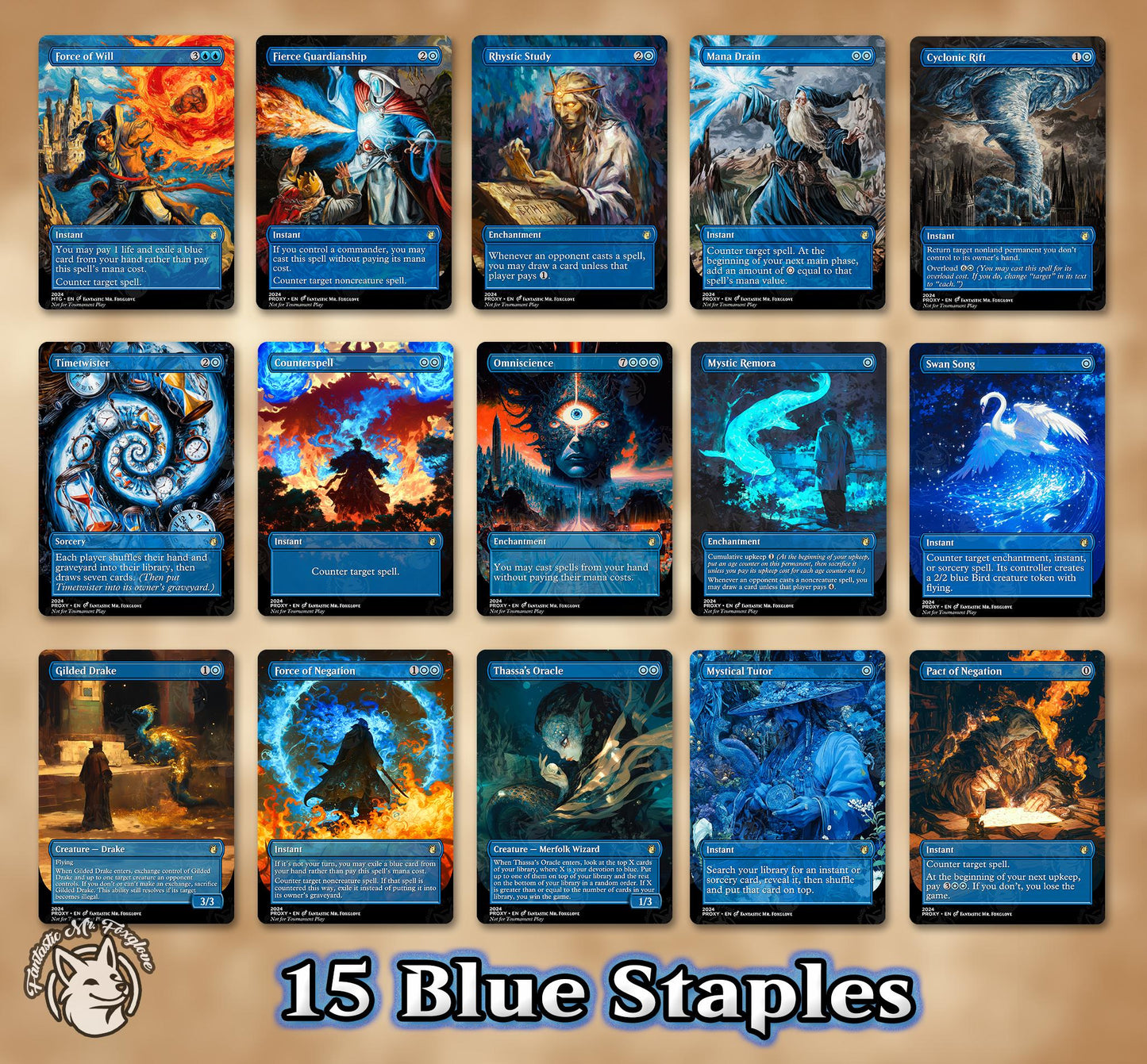 7+ Blue Staples | Proxies — Up to 36 Cards! Rhystic Study, Cyclonic Rift, Mana Drain, Force of Will, Fierce, Remora, Oracle, Mystical Tutor