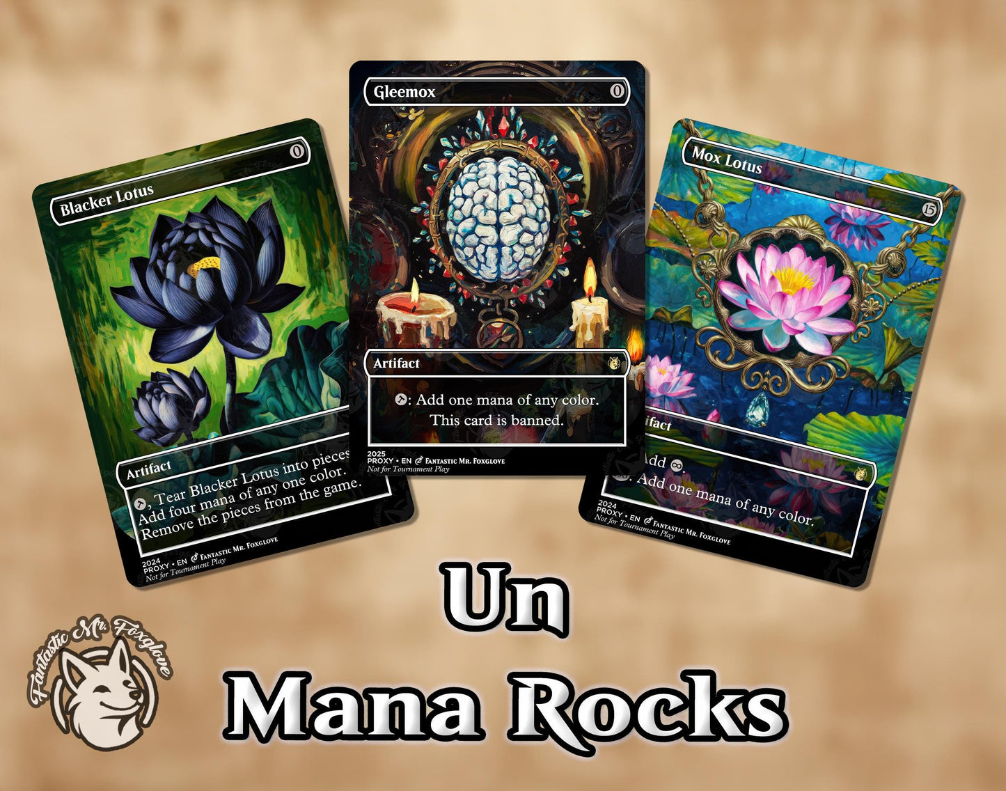 3 Un Mana Rocks | Proxy Cards — Blacker Lotus, Gleemox, Mox Lotus
