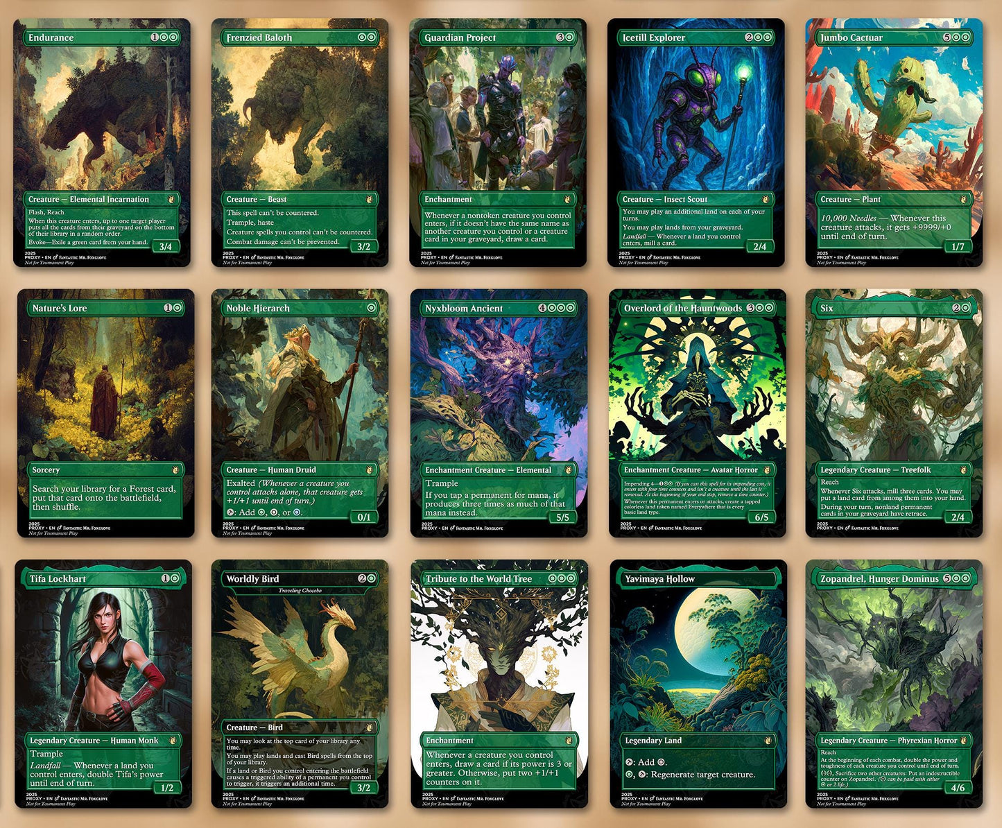 7+ Green Staples | Up to 60 Proxy Cards! Doubling Season, Parallel Lives, Worldly Tutor, Henge, Craterhoof, + can add Cradle, Gnawbone, etc