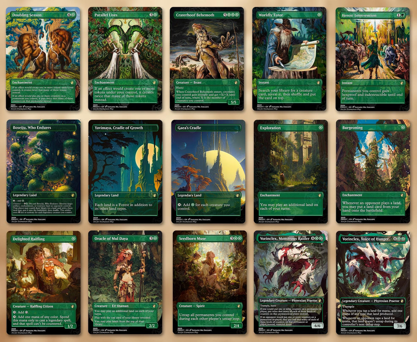 7+ Green Staples | Up to 60 Proxy Cards! Doubling Season, Parallel Lives, Worldly Tutor, Henge, Craterhoof, + can add Cradle, Gnawbone, etc