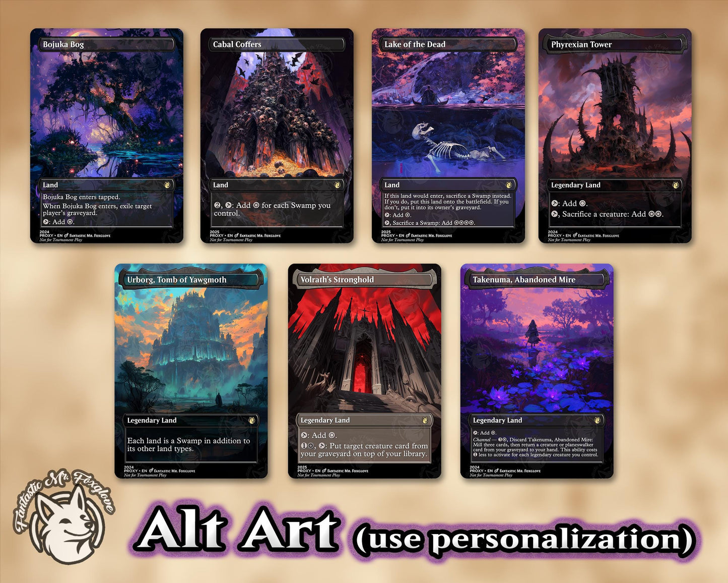 7+ Black Lands | Proxy Cards — Cabal Coffers, Phyrexian Tower, Urborg, Takenuma, Volrath's Stronghold, Bojuka Bog, Lake of the Dead