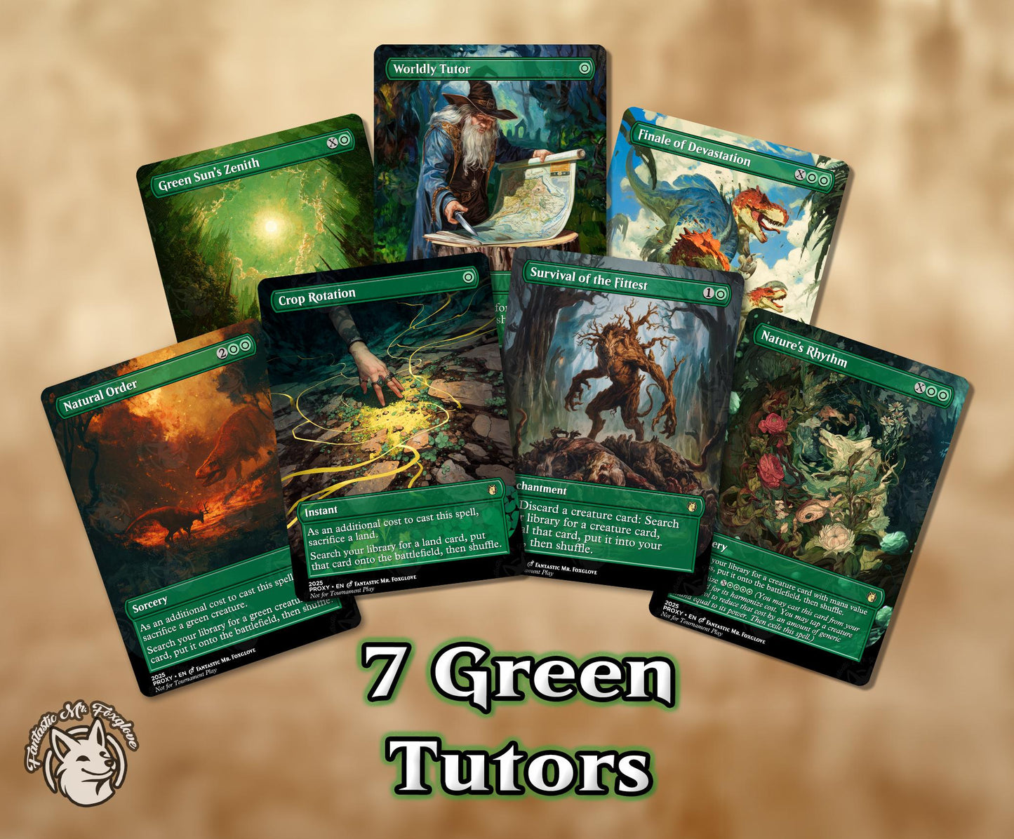 3 Green Tutors | Proxy Cards — Finale of Devastation, Worldly Tutor, Green Sun's Zenith, can add Rhythm, Survival, Natural Order, Crop Rot