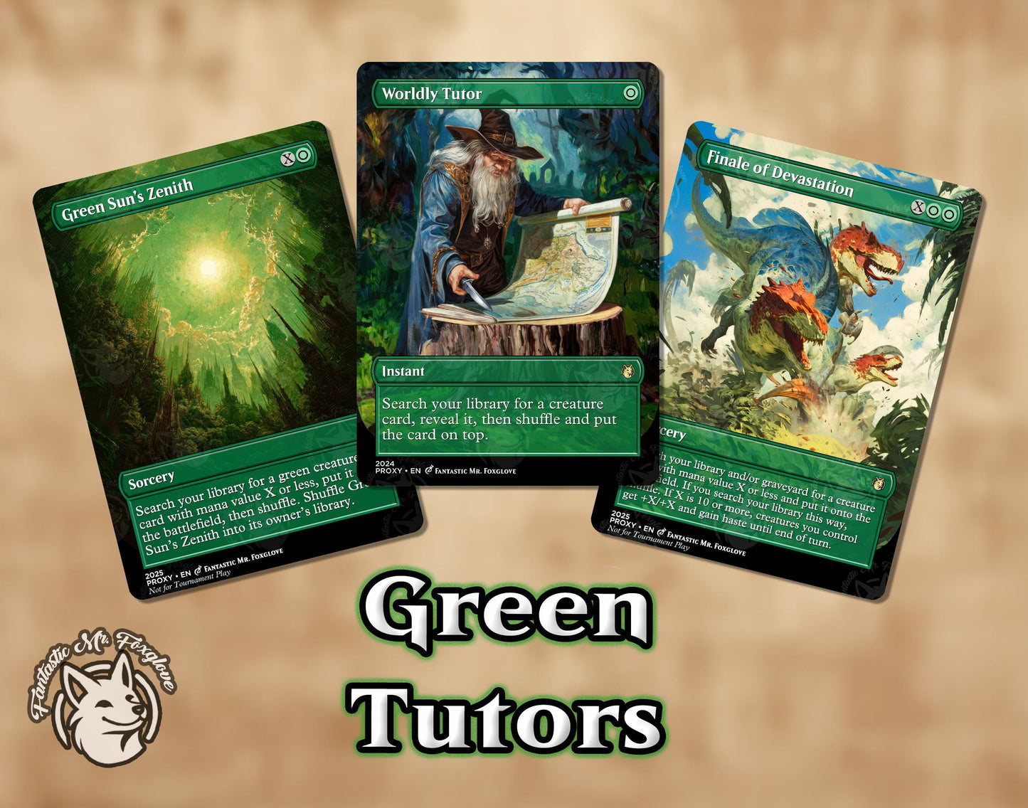 3 Green Tutors | Proxy Cards — Finale of Devastation, Worldly Tutor, Green Sun's Zenith, can add Rhythm, Survival, Natural Order, Crop Rot