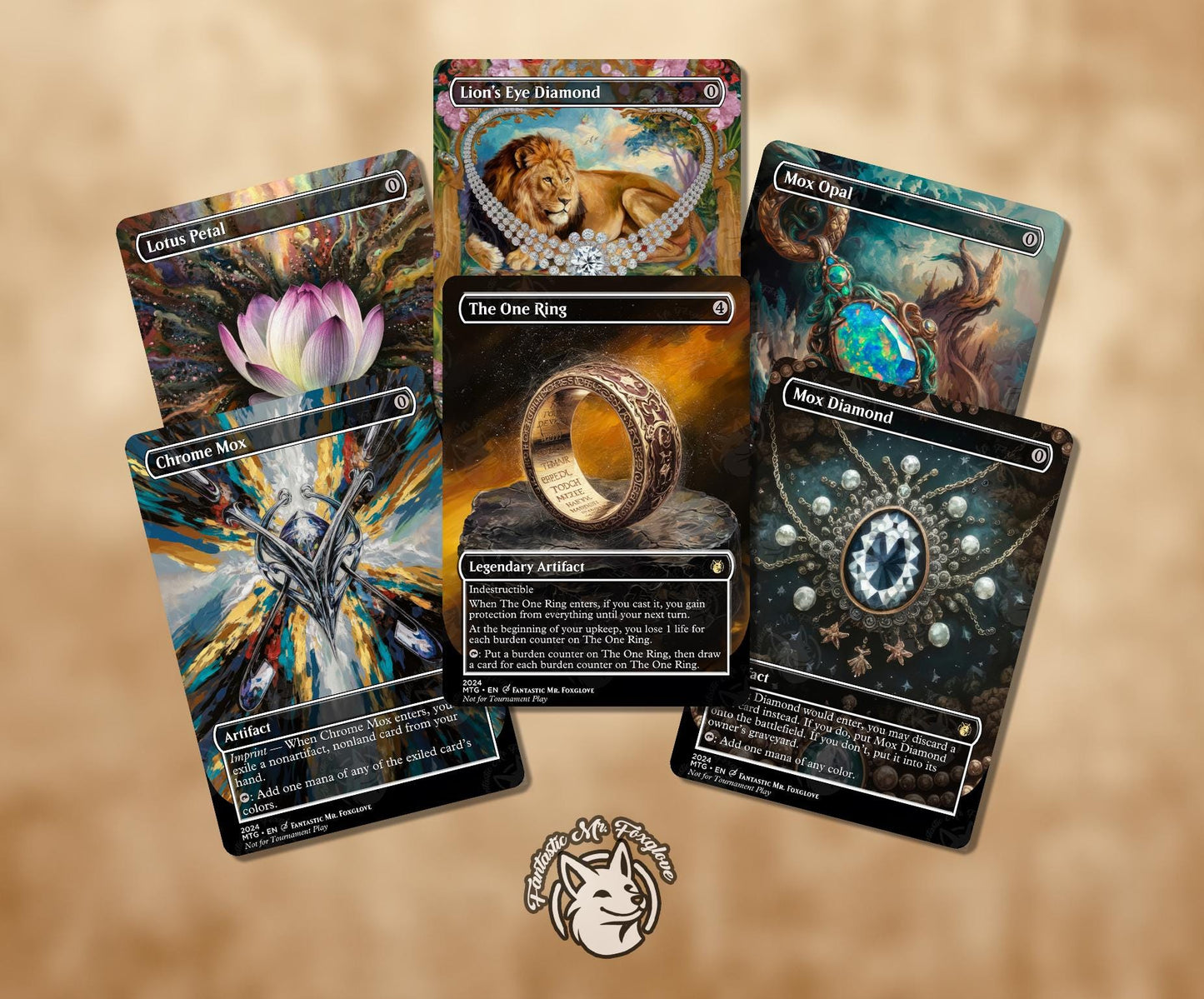 6 Artifact Staples for Legacy | Proxy Cards — The Ring, Chrome Mox, Mox Opal, Mox Diamond, Lotus Petal, Lion's Eye Diamond