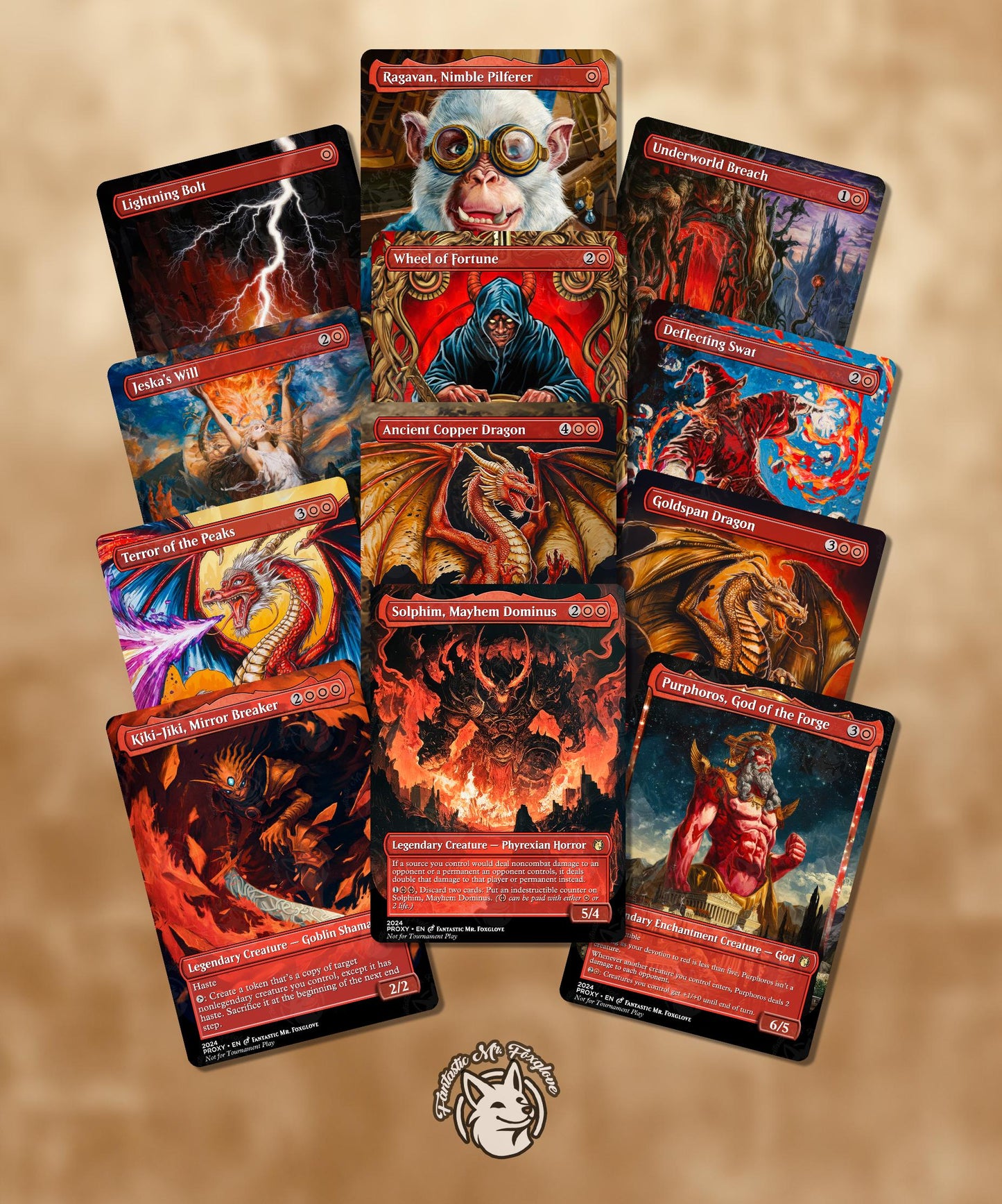 6+ Iconic Red Creatures | Proxy Cards — Ancient Copper Dragon, Terror of the Peaks, Goldspan Dragon, Solphim, Purphoros, Kiki-Jiki
