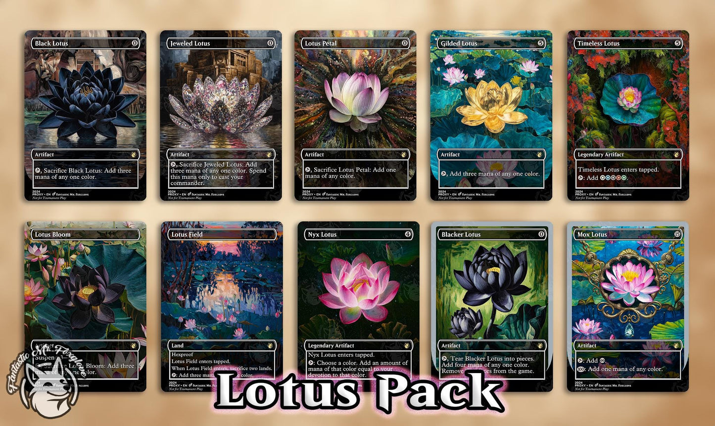 Lotus Pack | Proxy Cards for Cube, Vintage, & Legacy—Includes Black Lotus, Jeweled Lotus, Lotus Petal, Blacker Lotus, Gilded, Nyx, and more!