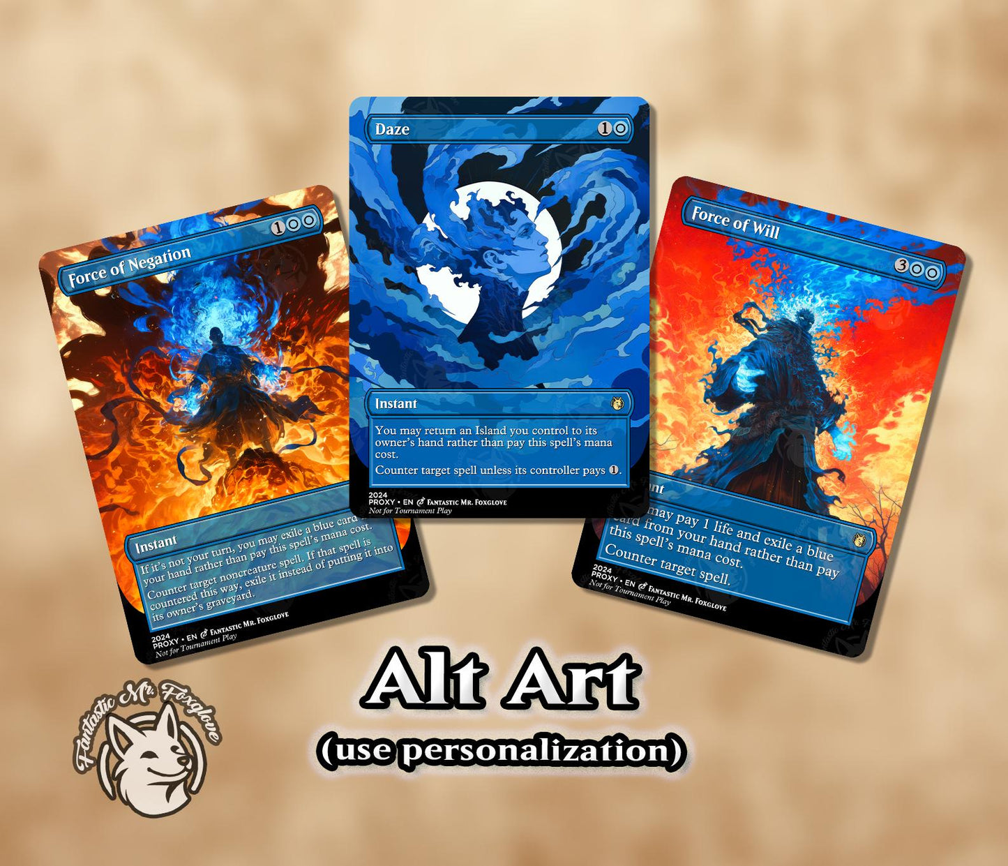5 Legacy Blue Staples | Proxy Cards — Force of Will, Force of Negation, Brainstorm Ponder, Daze