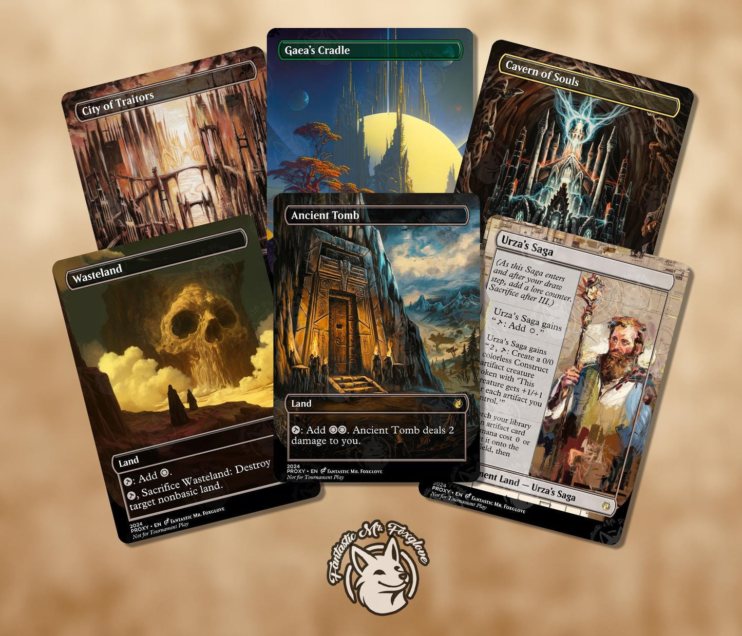 6 Legacy Land Staples | Proxy Cards — Wasteland, Ancient Tomb, City of Traitors, Urza's Saga, Cavern of Souls, Gaea's Cradle