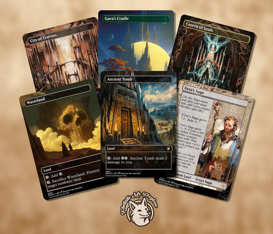 6 Legacy Land Staples | Proxy Cards — Wasteland, Ancient Tomb, City of Traitors, Urza's Saga, Cavern of Souls, Gaea's Cradle