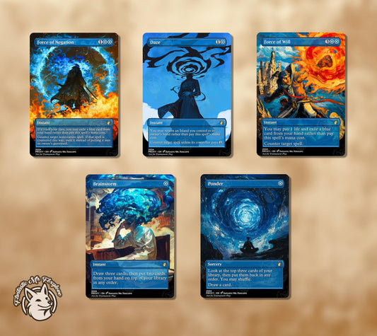 5 Legacy Blue Staples | Proxy Cards — Force of Will, Force of Negation, Brainstorm Ponder, Daze