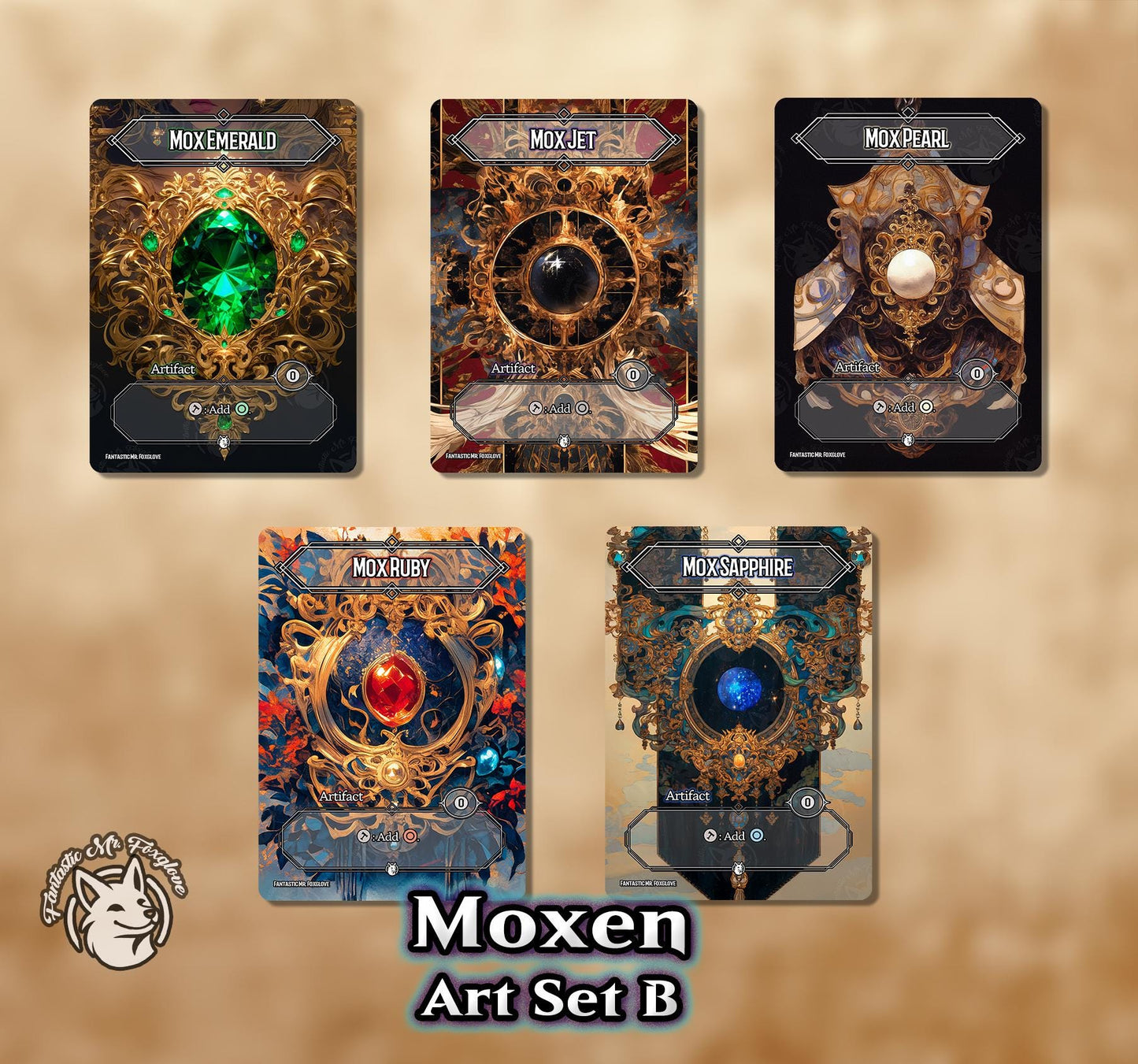 5 Moxen | Vintage Staple Proxy Cards — Mox Emerald, Jet, Sapphire, Ruby and Pearl of the Power 9 — Choose Your Art and Card Frame!