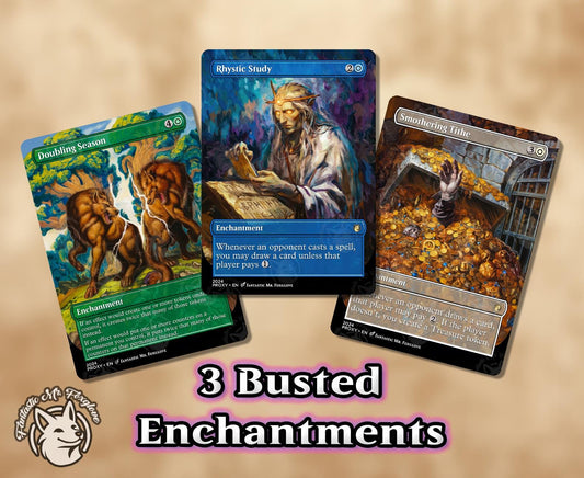 3+ Busted Enchantments | Proxy Cards — Rhystic Study, Smothering Tithe, Doubling Season +can add Procession, Remora, Breach, Necro & more!