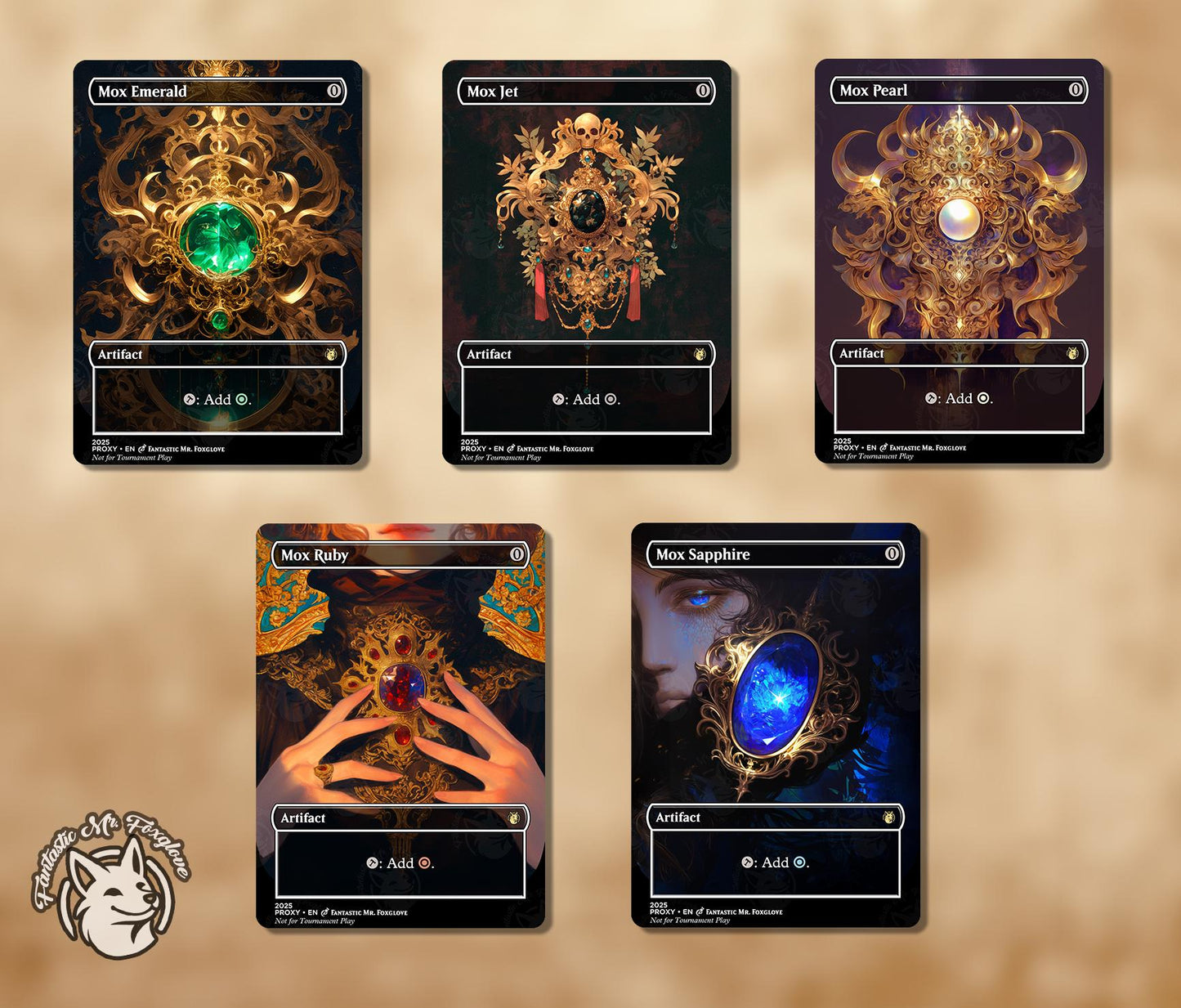 5 Moxen | Vintage Staple Proxy Cards — Mox Emerald, Jet, Sapphire, Ruby and Pearl of the Power 9 — Choose Your Art and Card Frame!