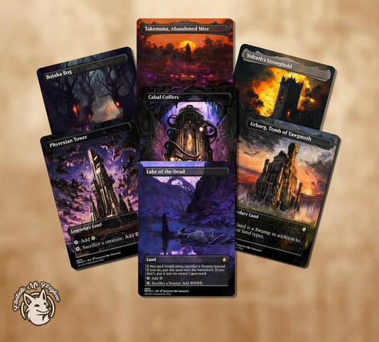 7+ Black Lands | Proxy Cards — Cabal Coffers, Phyrexian Tower, Urborg, Takenuma, Volrath's Stronghold, Bojuka Bog, Lake of the Dead