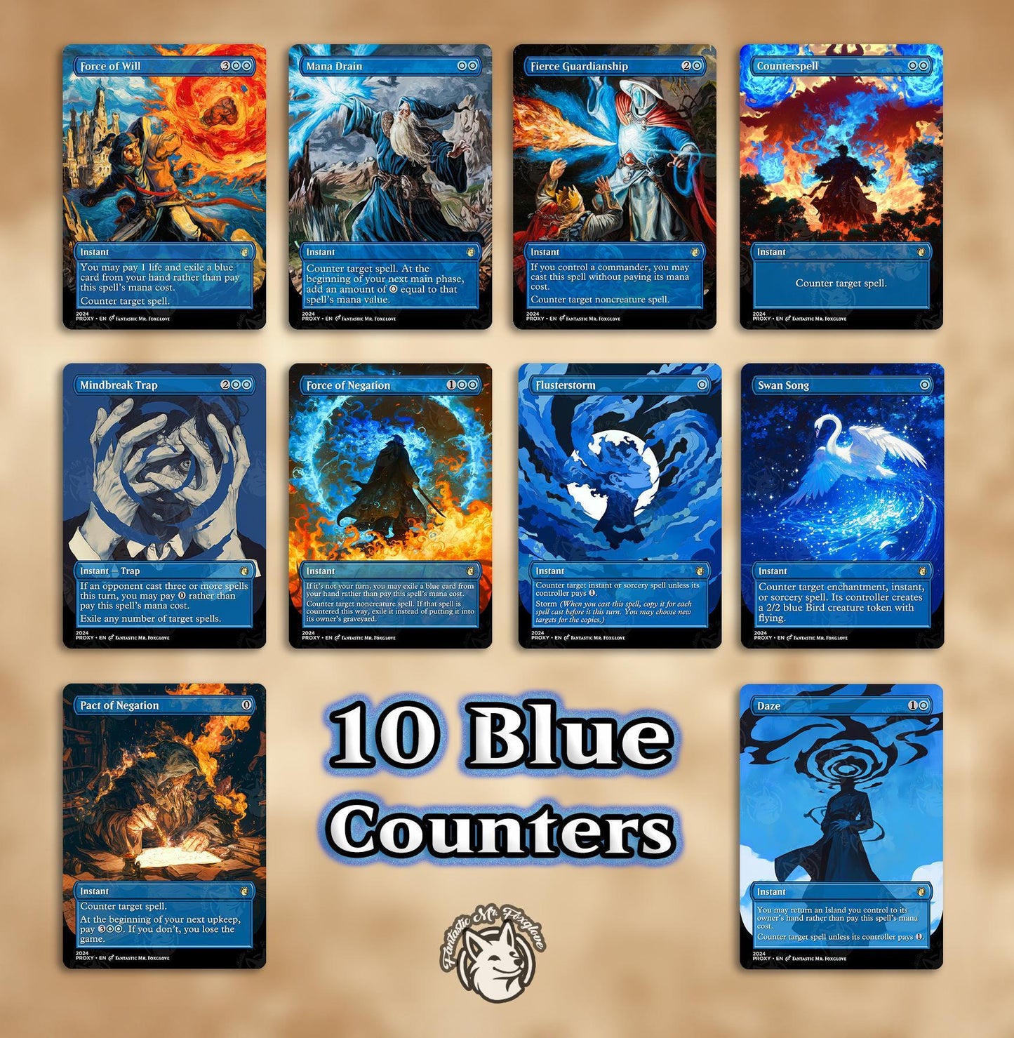 3+ Blue Counters | Proxy Cards — Force, Fierce, Mana Drain, Option to Add Swan Song, Pact, Force of Negation, Counterspell, Mindbreak, More!