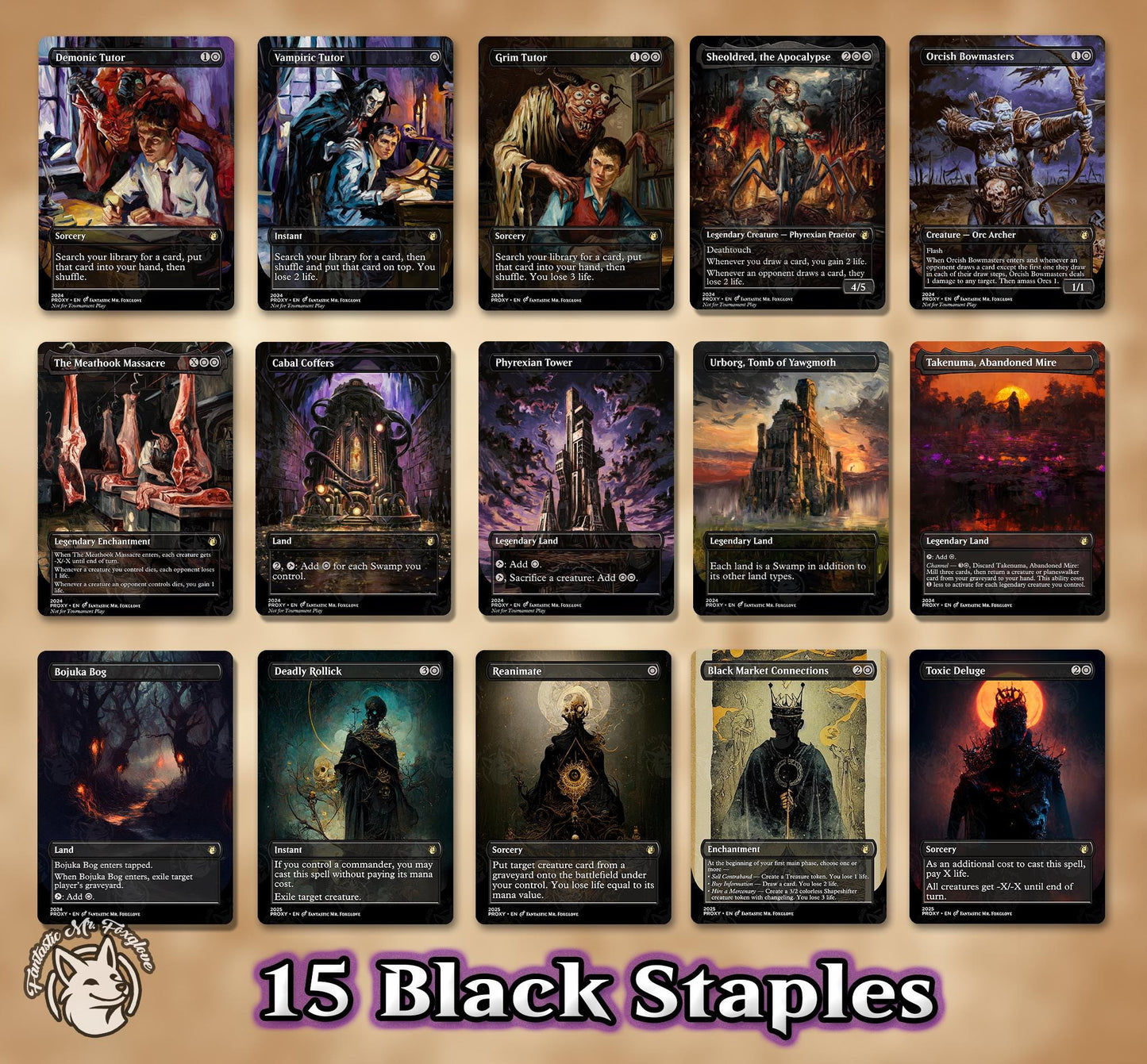 7+ Black Staples | Proxy Cards—Up to 36 Cards!—Demonic, Grim, Vampiric Tutor, Sheoldred the Apocalypse, Bowmasters, Meathook, Coffers etc.