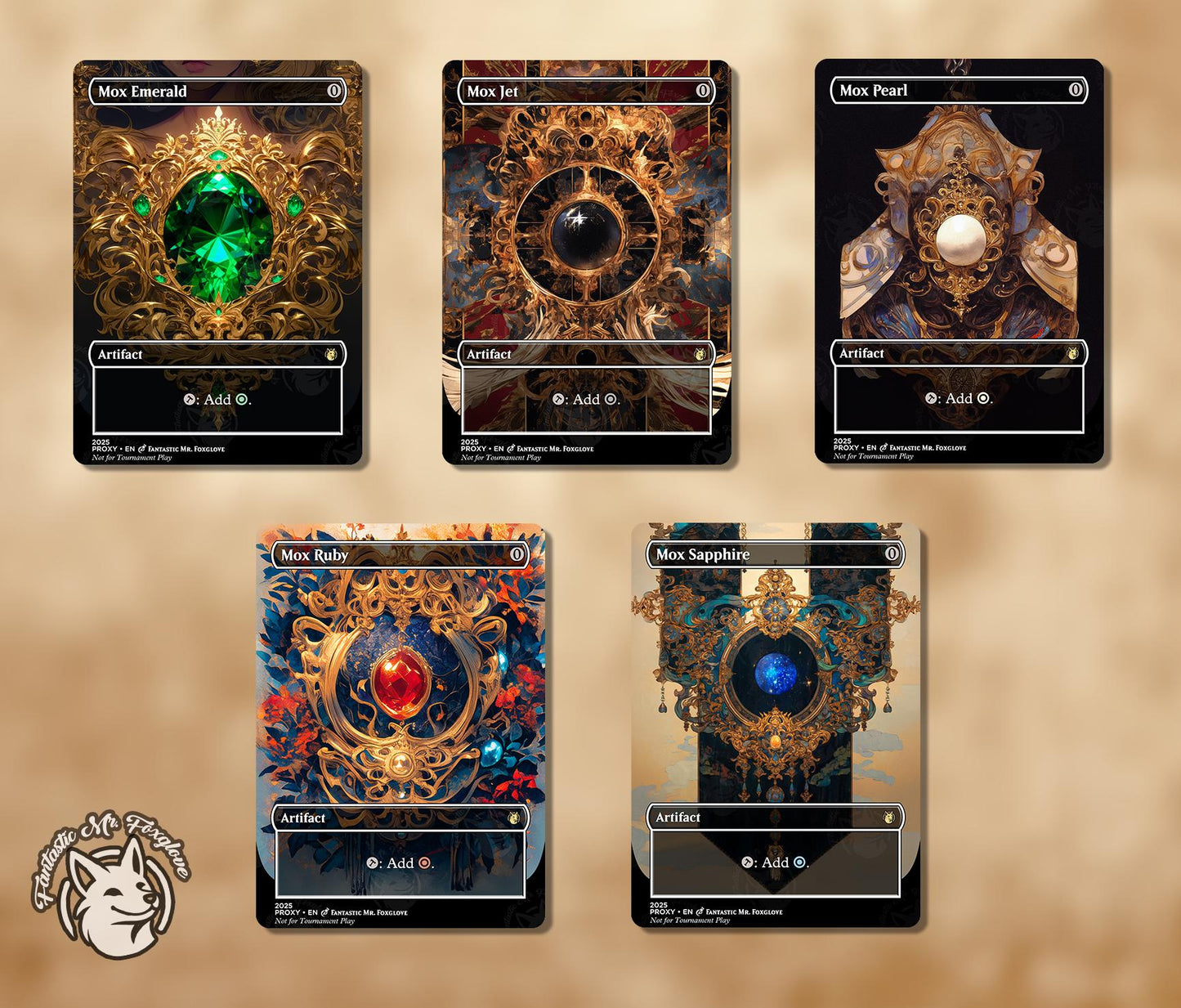 5 Moxen | Vintage Staple Proxy Cards — Mox Emerald, Jet, Sapphire, Ruby and Pearl of the Power 9 — Choose Your Art and Card Frame!