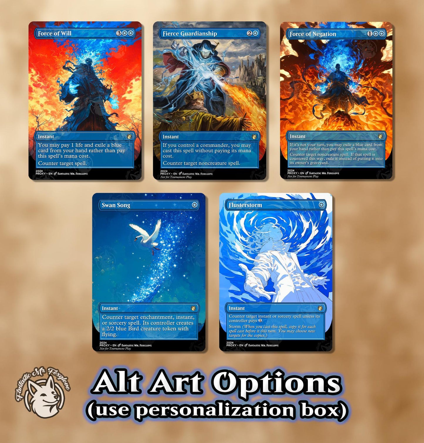 3+ Blue Counters | Proxy Cards — Force, Fierce, Mana Drain, Option to Add Swan Song, Pact, Force of Negation, Counterspell, Mindbreak, More!