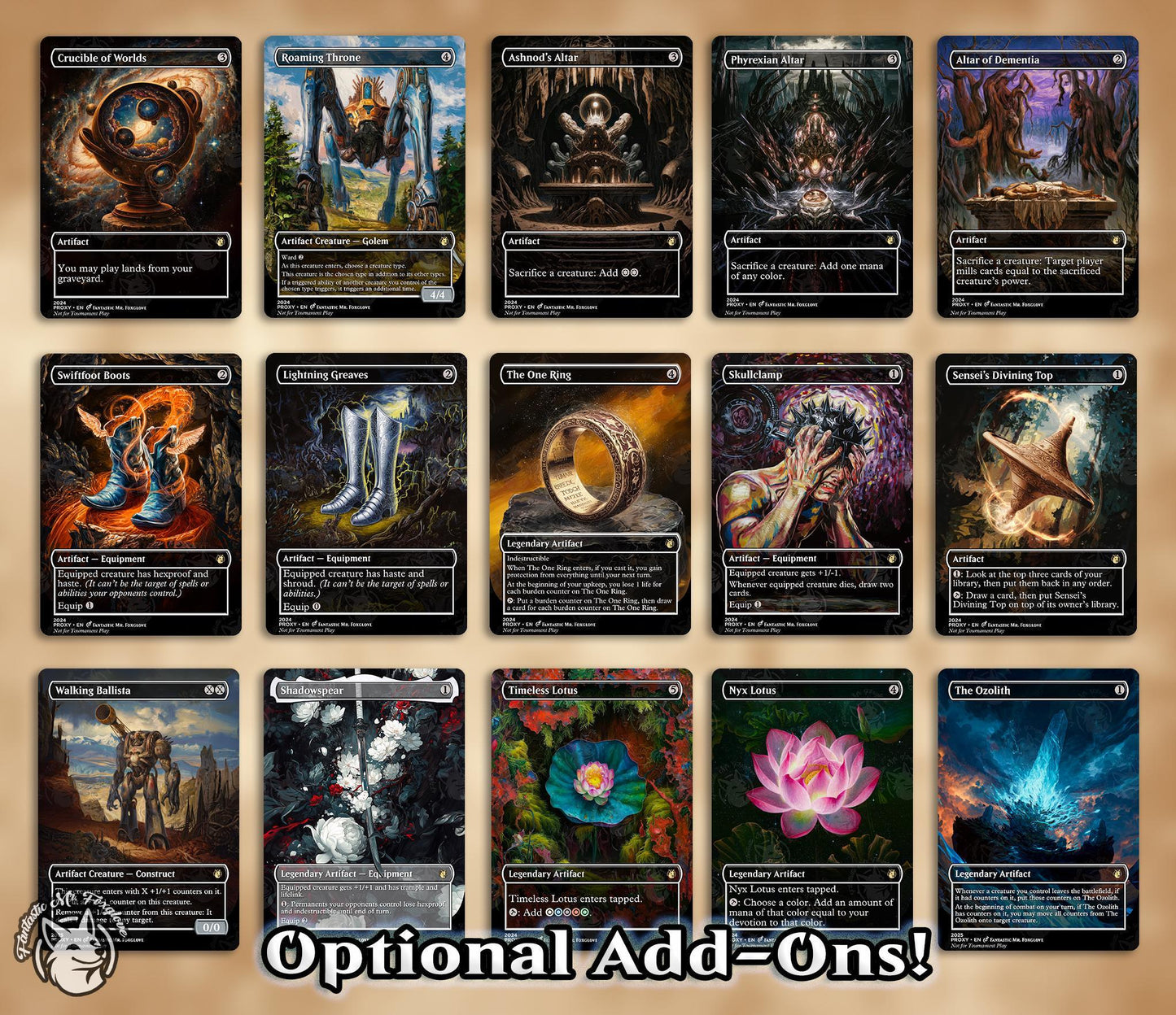 15 Artifact Staples — Mana Rocks | Proxy Cards With Sol Ring, Mana Crypt, Jeweled Lotus, Arcane Signet, Vault, Chrome Mox, Diamond, Opal Etc