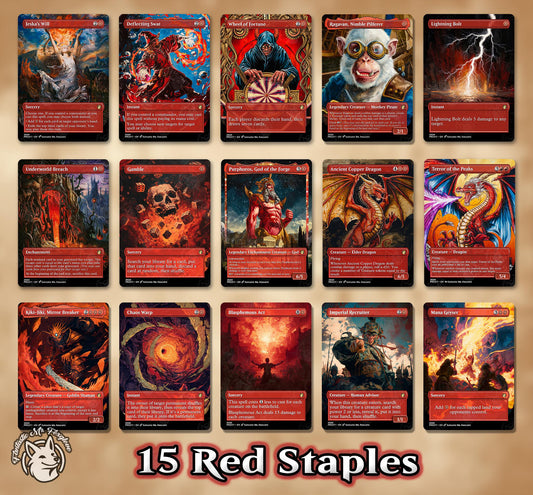 7+ Red Staples | Proxies—50 Cards Available! Wheel of Fortune, Deflecting Swat, Jeska's, Ragavan, Bolt, Gamble, Kiki, Anc. Copper Dragon etc