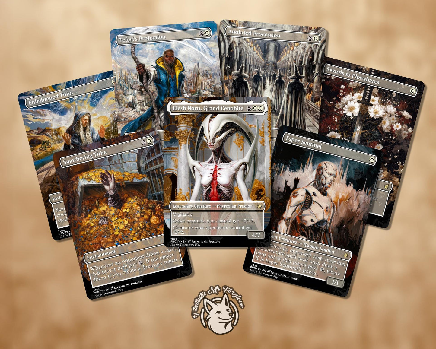 7+ White Staples | Proxy Cards—Smothering Tithe, Anointed Procession, Esper Sentinel, Elesh Norn, Teferi's Protection, Enlightened Tutor etc