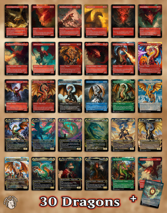 31 Dragon Staples | Proxy Cards — Ancient Dragon, Ureni, Teval, Betor, Korvold, Tiamat, Miirym, The Ur-Dragon, Gnawbone, etc + Mox Jasper!