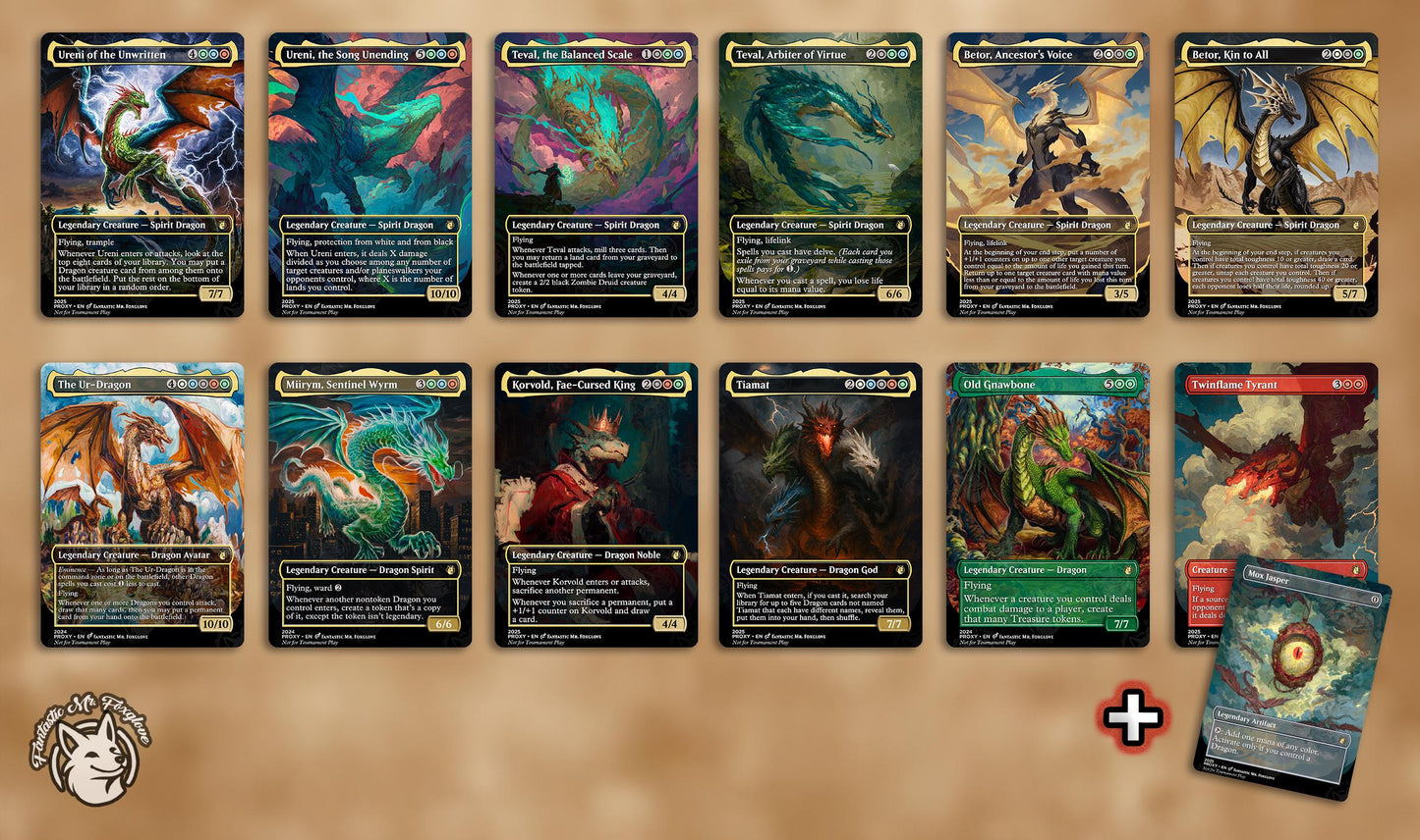31 Dragon Staples | Proxy Cards — Ancient Dragon, Ureni, Teval, Betor, Korvold, Tiamat, Miirym, The Ur-Dragon, Gnawbone, etc + Mox Jasper!