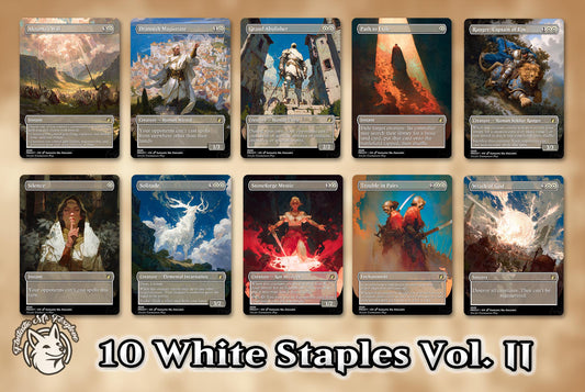10 White Staples Vol. II | Proxy Cards — Wrath, Silence, Path, Trouble in Pairs, Akroma's Will, Drannith, Abolisher, Stoneforge, Solitude