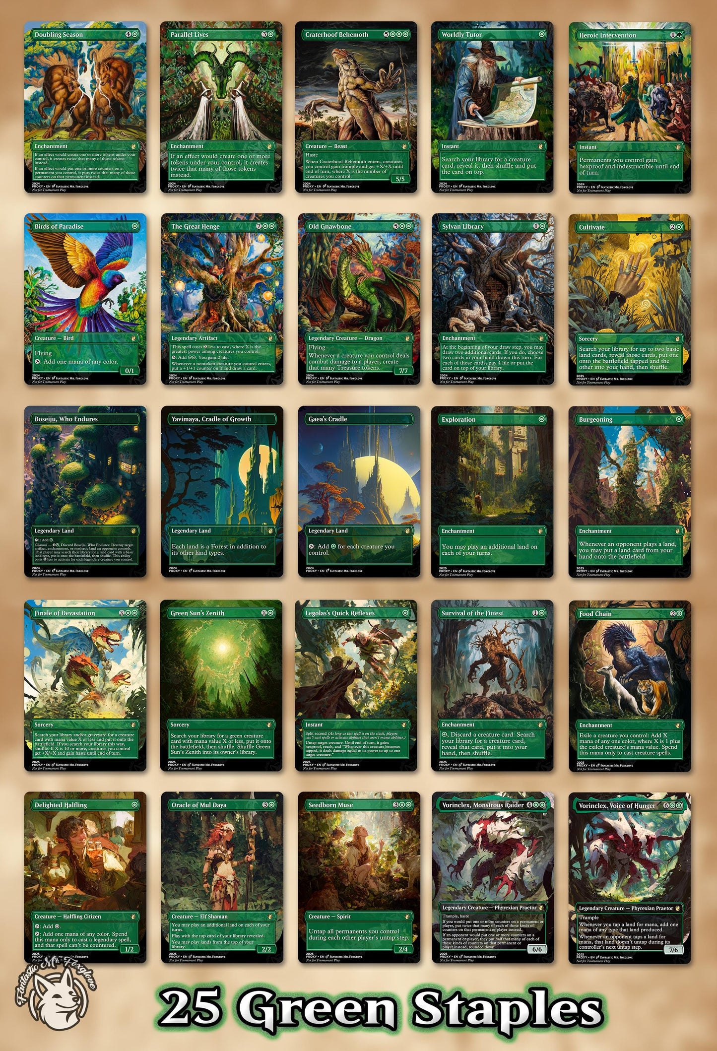 7+ Green Staples | Up to 60 Proxy Cards! Doubling Season, Parallel Lives, Worldly Tutor, Henge, Craterhoof, + can add Cradle, Gnawbone, etc