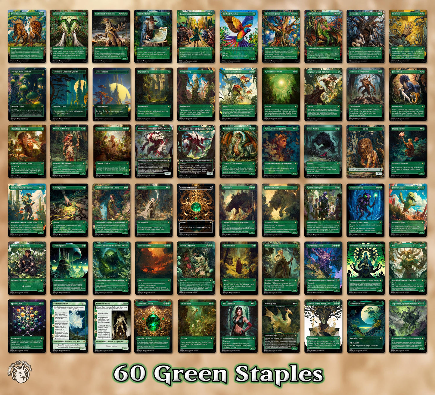 7+ Green Staples | Up to 60 Proxy Cards! Doubling Season, Parallel Lives, Worldly Tutor, Henge, Craterhoof, + can add Cradle, Gnawbone, etc