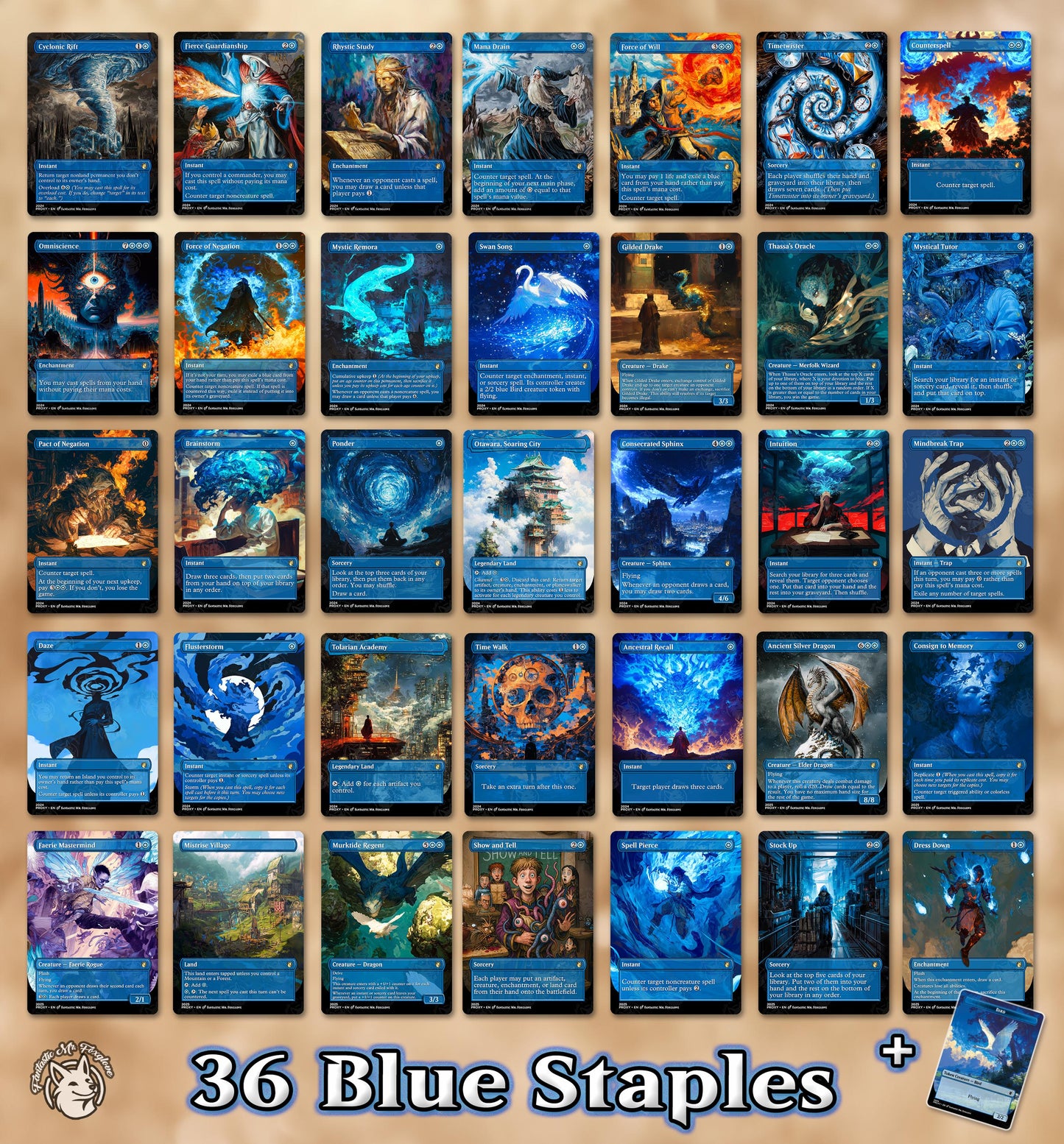 7+ Blue Staples | Proxies — Up to 36 Cards! Rhystic Study, Cyclonic Rift, Mana Drain, Force of Will, Fierce, Remora, Oracle, Mystical Tutor