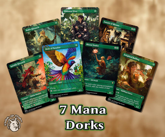 7 Mana Dorks | Proxy Cards — Birds of Paradise, Delighted Halfling, Noble Hierarch, Ignoble Hierarch, Bloom Tender, Fanatic, Llanowar Elves