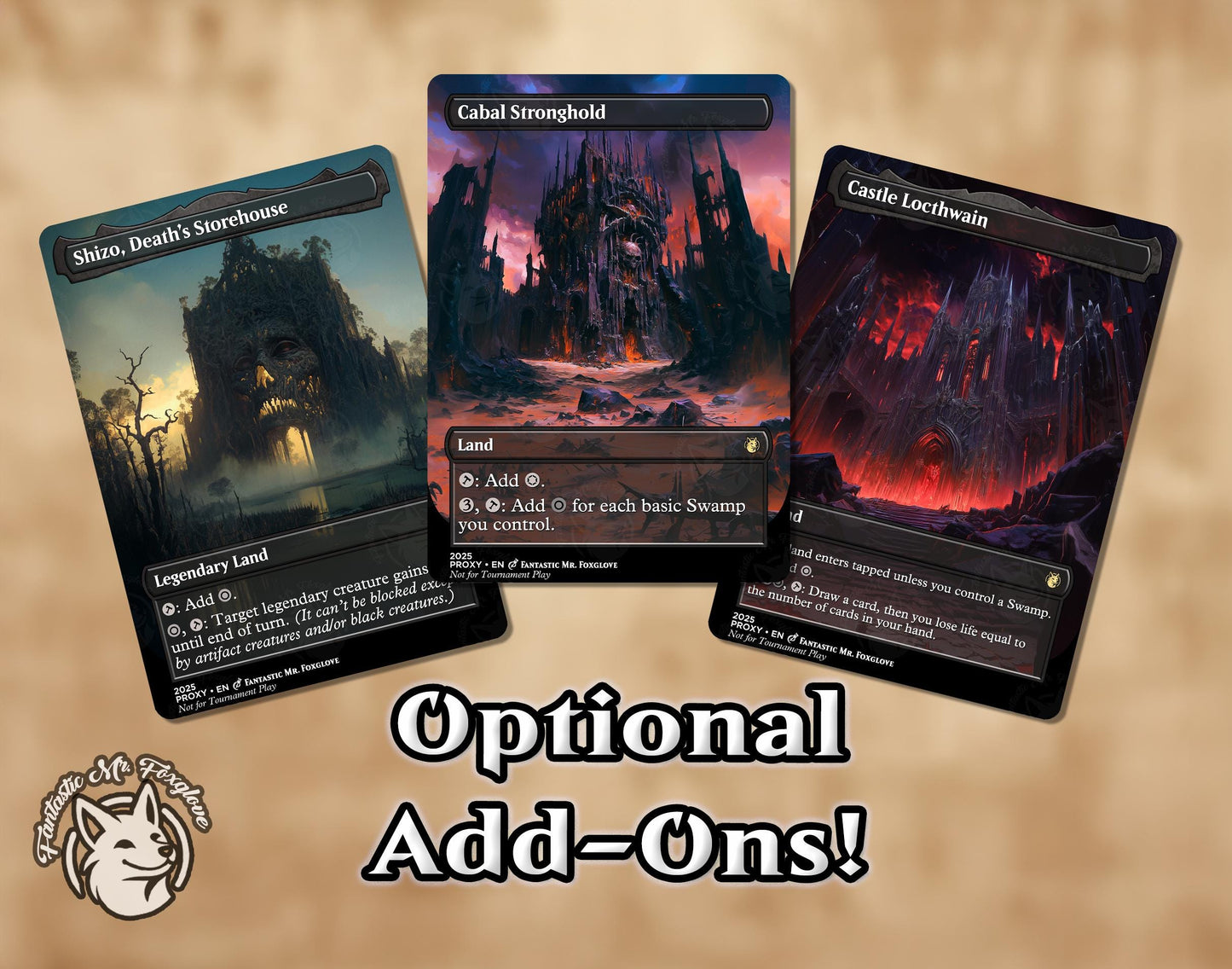 7+ Black Lands | Proxy Cards — Cabal Coffers, Phyrexian Tower, Urborg, Takenuma, Volrath's Stronghold, Bojuka Bog, Lake of the Dead